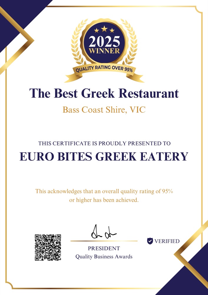 2025 Quality Business Awards certificate naming Euro Bites Greek Eatery the Best Greek Restaurant in Bass Coast Shire, Victoria