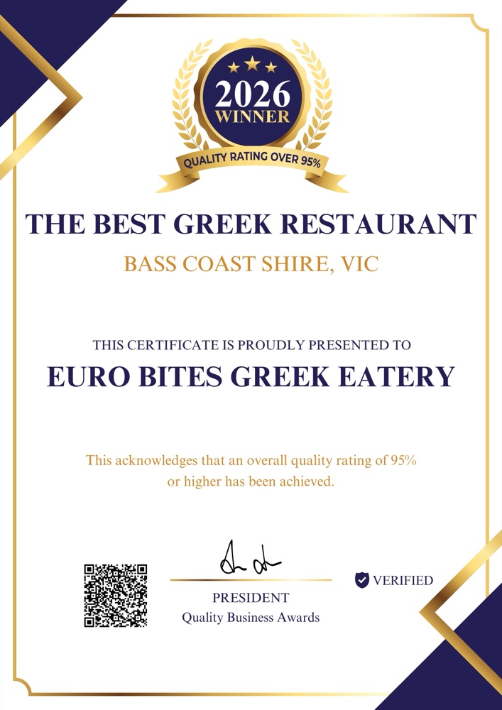 2026 Quality Business Awards certificate naming Euro Bites Greek Eatery the Best Greek Restaurant in Bass Coast Shire, Victoria